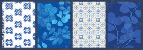 Indigo blue botanical Card Invitation, floral invite thank you, rsvp modern card Design in leaf and flower water color texture decorative Vector elegant rustic template