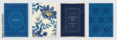 Indigo blue botanical Card Invitation, floral invite thank you, rsvp modern card Design in leaf and flower water color texture decorative Vector elegant rustic template