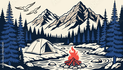 A lone tent sits nestled in a snowy alpine forest high in the winter mountains of the Alps, surrounded by a cold white nature landscape perfect for a ski resort travel adventure