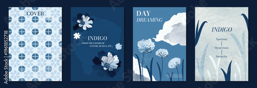 Indigo blue botanical Card Invitation, floral invite thank you, rsvp modern card Design in leaf and flower water color texture decorative Vector elegant rustic template