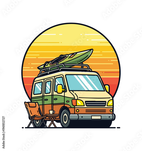 Camping van with kayak and sunset outdoors travel illustration