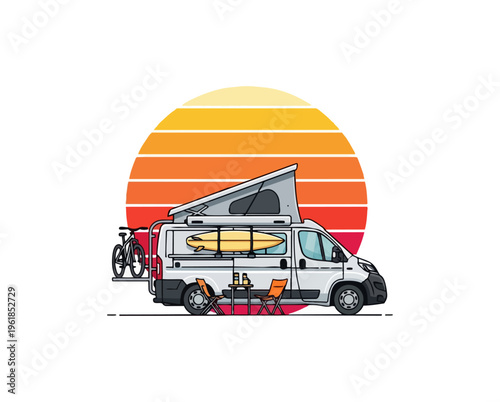 Camping van illustration with sunset and accessories for recreational travel