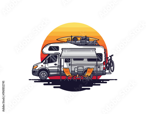 Illustrated camper van with sunset and outdoor gear