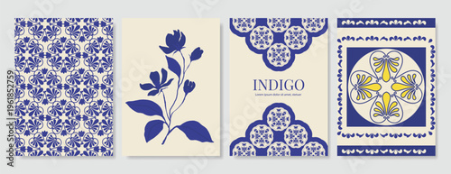 Indigo blue botanical Card Invitation, floral invite thank you, rsvp modern card Design in leaf and flower water color texture decorative Vector elegant rustic template