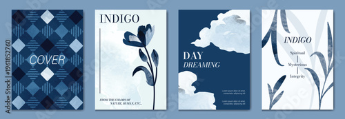 Indigo blue botanical Card Invitation, floral invite thank you, rsvp modern card Design in leaf and flower water color texture decorative Vector elegant rustic template