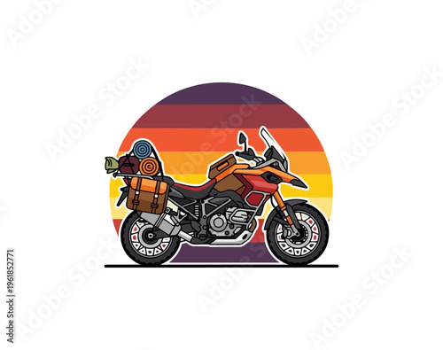 Motorcycle adventure graphic against sunset background