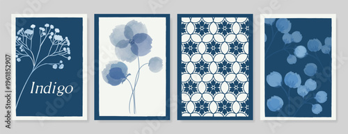 Indigo blue botanical Card Invitation, floral invite thank you, rsvp modern card Design in leaf and flower water color texture decorative Vector elegant rustic template