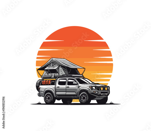 Off road vehicle camping adventure silhouette against sunset