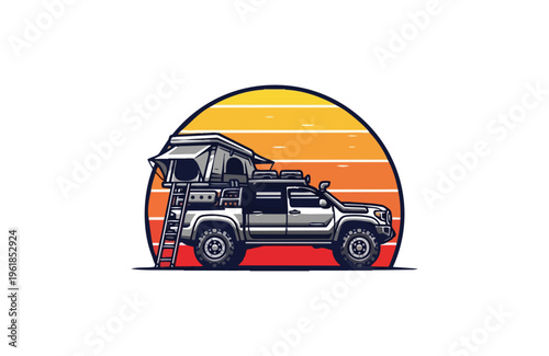 Off road vehicle camping roof tent sunset vector illustration
