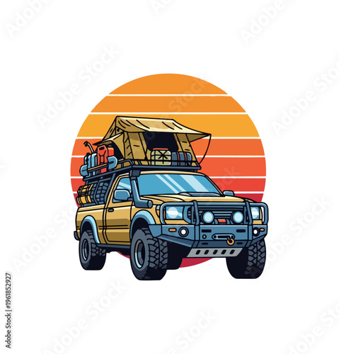 Off road vehicle camping illustration against sunset background
