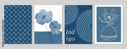 Indigo blue botanical Card Invitation, floral invite thank you, rsvp modern card Design in leaf and flower water color texture decorative Vector elegant rustic template