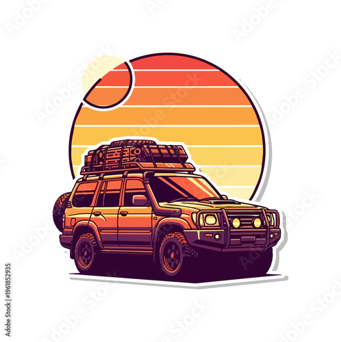 Off road vehicle illustration against sunset background