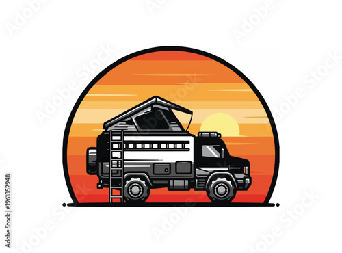 Off road vehicle illustration against sunset background