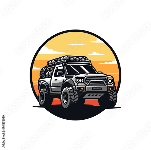 Off road vehicle illustration against sunset sky