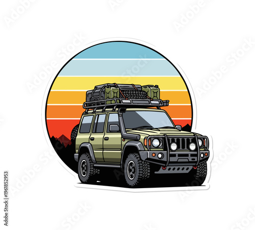 Off road vehicle illustration with sunset and mountain silhouette