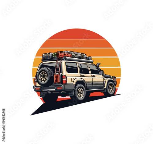 Off road vehicle silhouette against a sunset