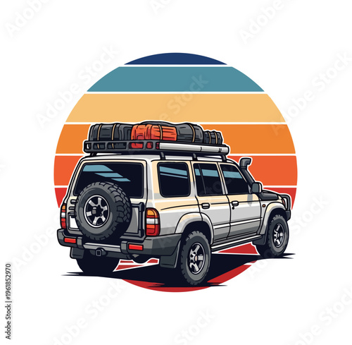 Off road vehicle illustration with sunset background and cargo
