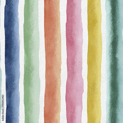 Watercolor vertical stripes pattern with soft edges in blue, green, orange, pink, yellow, and teal colors on textured paper, creating calm and artistic background design
