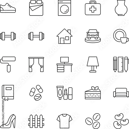 A collection of diverse linear icons representing various daily life objects and household items