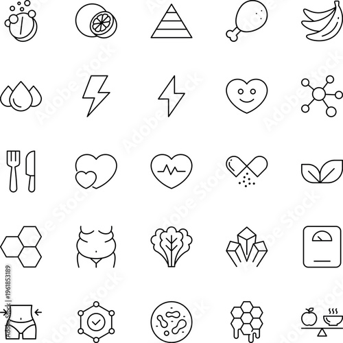 A collection of twenty-five simple black and white line art icons representing health and fitness