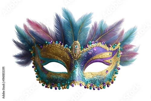 Elegant purple and gold carnival masquerade mask with feathers isolated on white background, party clip art
