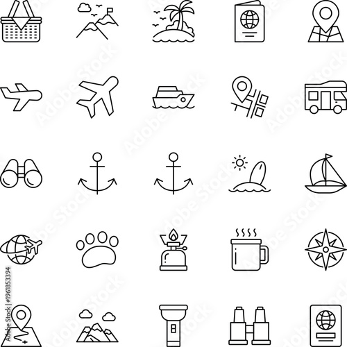 A collection of travel and adventure icons featuring transportation landmarks and outdoor gear items