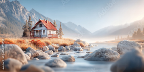 Peaceful riverside landscape painting. Pastoral sunrise over calm waters and distant fog