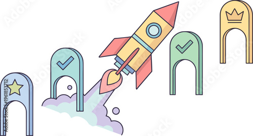 A colorful rocket ship blasts off near three archways with checkmarks and a crown.