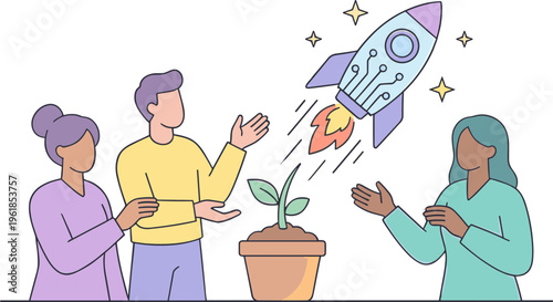 Three people discuss a plant growing rapidly near a rocket.