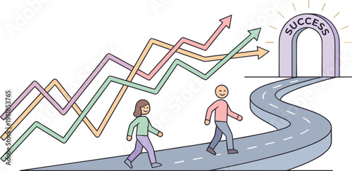 Two people walking on a winding road towards a success tunnel with colorful arrows