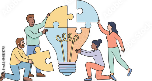 Four people are working together to complete a large puzzle shaped like a lightbulb.