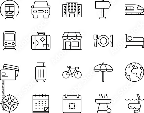 A collection of travel and tourism related line art icons featuring various modes of transport