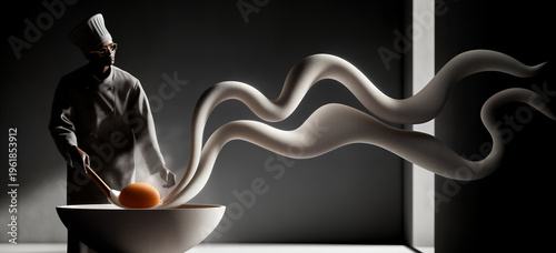 Cooking action depicted. Culinary artist whips ingredients creating striking visual textures