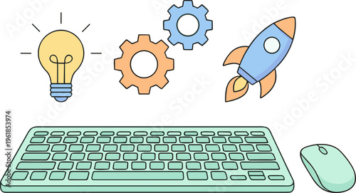 A computer keyboard and mouse launch a rocket with gears and lightbulb ideas
