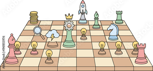 A chess game setup on a board with various pieces and lightbulbs