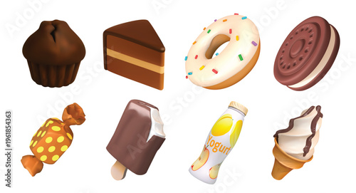 Sweet food isolated 3D vector icon render illustration set with chocolate muffin, layered cake slice, frosted donut with sprinkles, sandwich cookie, wrapped candy, chocolate ice cream, yogurt bottle