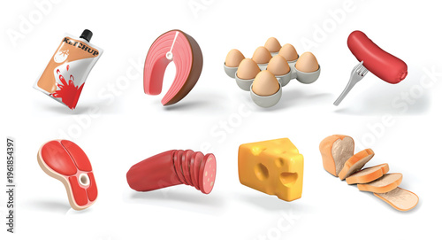 food isolated 3D vector icon render illustration set with ketchup pouch, fish steak, eggs in tray, sausage on fork, raw meat steak, sliced salami, cheese block, and loaf of bread