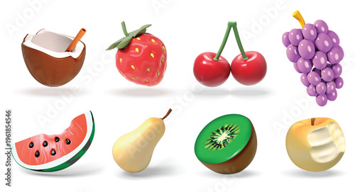 fruit isolated 3D vector icon render illustration set with coconut, strawberry, cherries, grapes, watermelon slice, pear, kiwi half, and bitten apple for healthy food branding, menu design, packaging