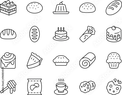 A collection of twenty simple black and white line art icons depicting various bakery food items
