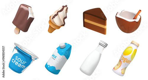 milk product isolated 3D vector icon render illustration set with sour cream container, milk carton, yogurt bottle, cream bottle, chocolate ice cream bar, soft-serve ice cream cone