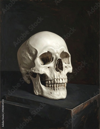 A white skull on a dark box