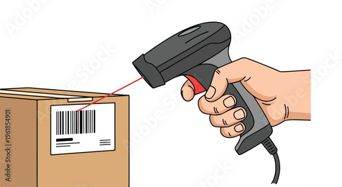 A hand scanning a barcode on a cardboard box with a handheld scanner in a warehouse logistics system