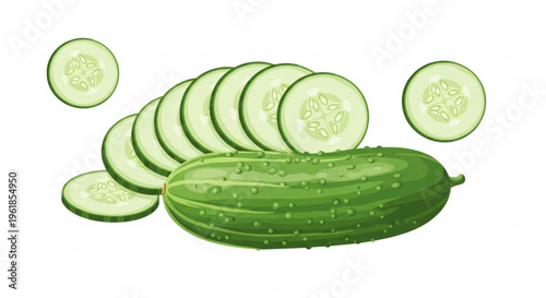Fresh green cucumber slices and whole vegetable on white background for healthy eating and salad concepts