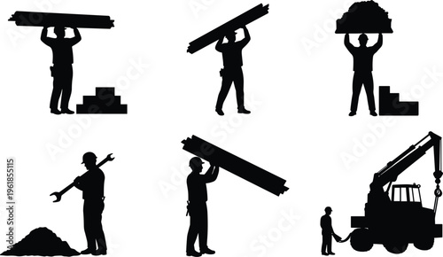Construction worker silhouettes carrying materials, lifting heavy loads, operating crane, building site teamwork, black vector labor icons for industry, engineering, architecture, business
