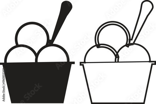 Minimalist ice cream cup icons, black and white gelato scoops with spoon vector, simple frozen yogurt dessert symbols for cafe menus