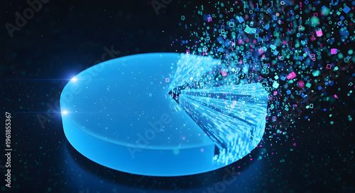 Digital Pie Chart: A futuristic representation of data, with a pie chart transforming into digital particles, symbolizing data analysis and technological advancement.