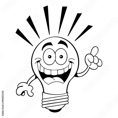 A cartoon light-bulb with a smiling face and a thumbs up
