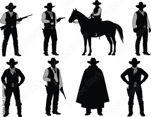 Cowboy silhouettes, Western poses, vintage ranch style, gunslinger stances, horse rider, wild west theme, frontier fashion, outlaw figures, vector illustration