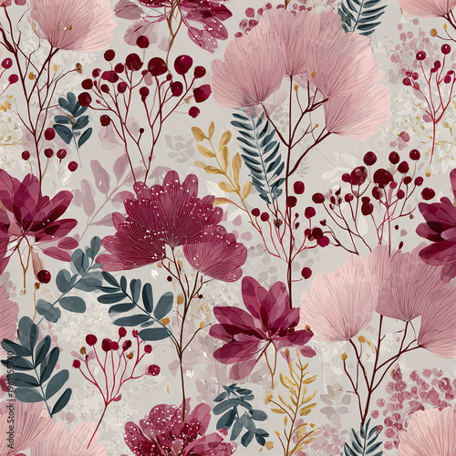 Soft pink and burgundy floral pattern with delicate leaves and berries creates romantic botanical overlay design, perfect for elegant textile or wallpaper decoration