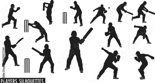 Cricket player silhouettes in action poses, batsman, bowler, fielder, wicketkeeper icons for sports design, vector illustration isolated
